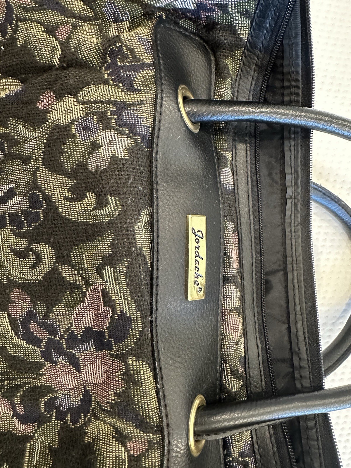 Jordache Large Floral Satchel Top Handle Zip Handbag, Black/Multicolor-vintage