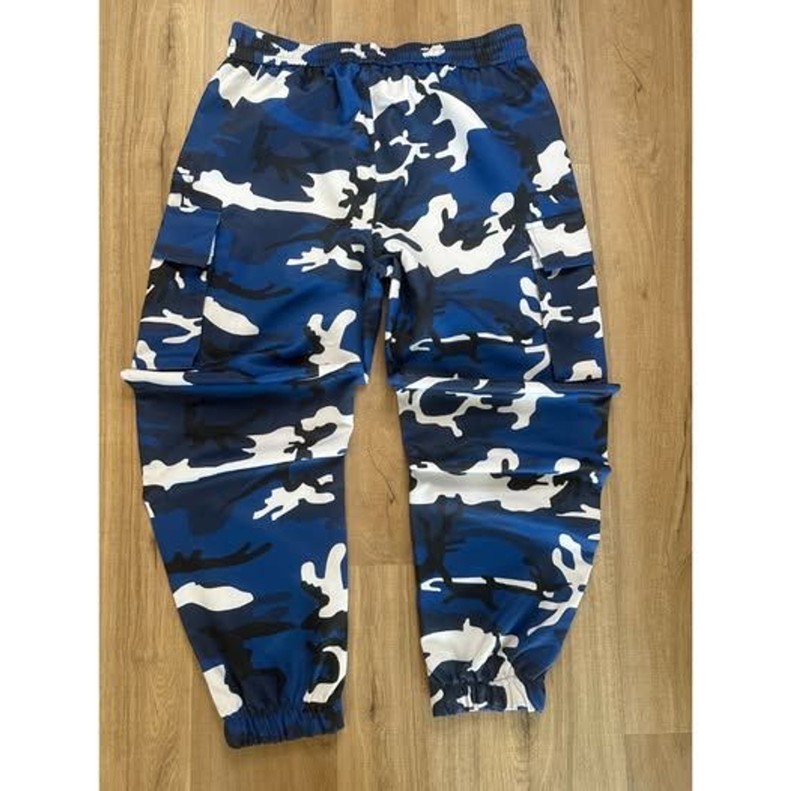 Mens Large L Blue Black White Camo Camouflage Cargo Barrel Leg Tapered Pants