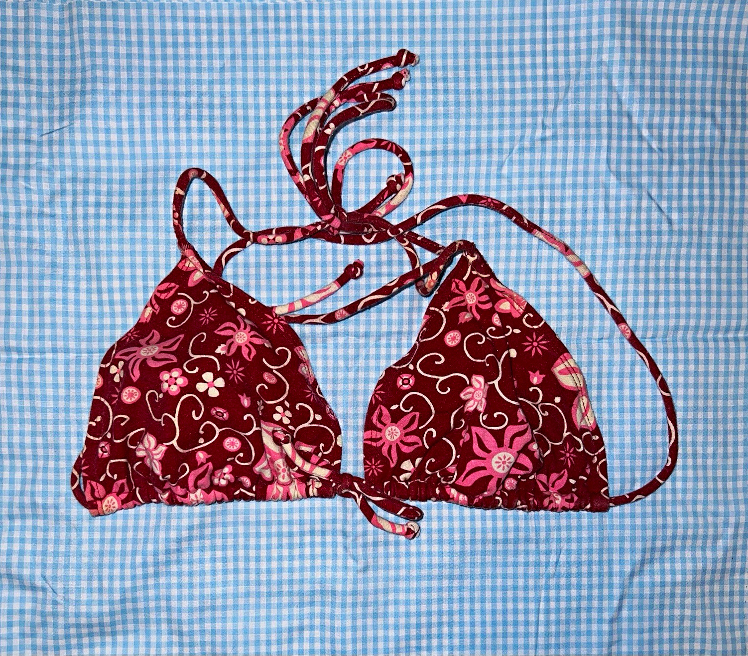 Sand N Sun 2-Piece Floral Triangle String Bikini Set Burgundy/Pink Medium