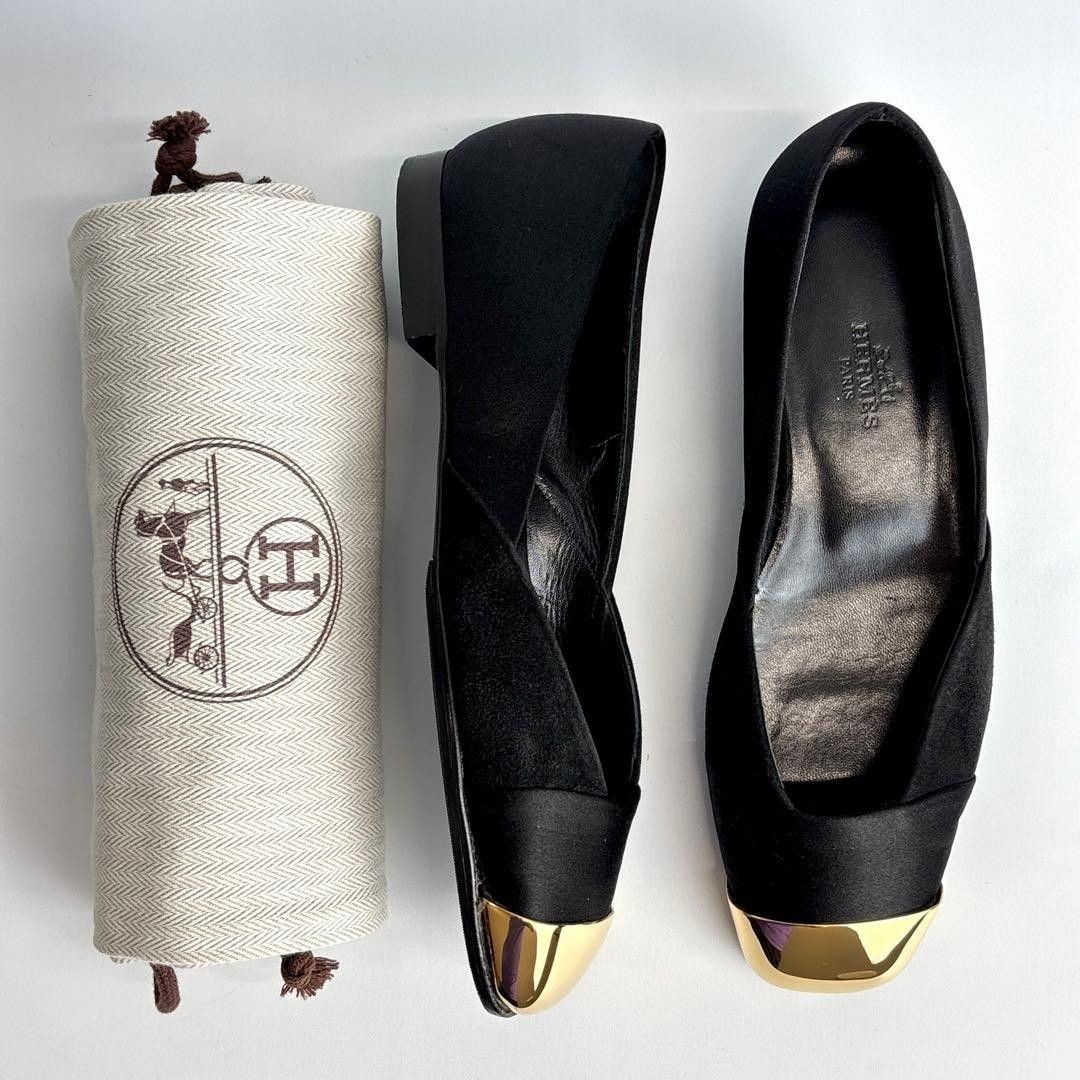 HERMES Metal Toe Satin Pumps Low Heel Gold Metal Toe Black/Gold Size 35 (22.5cm)