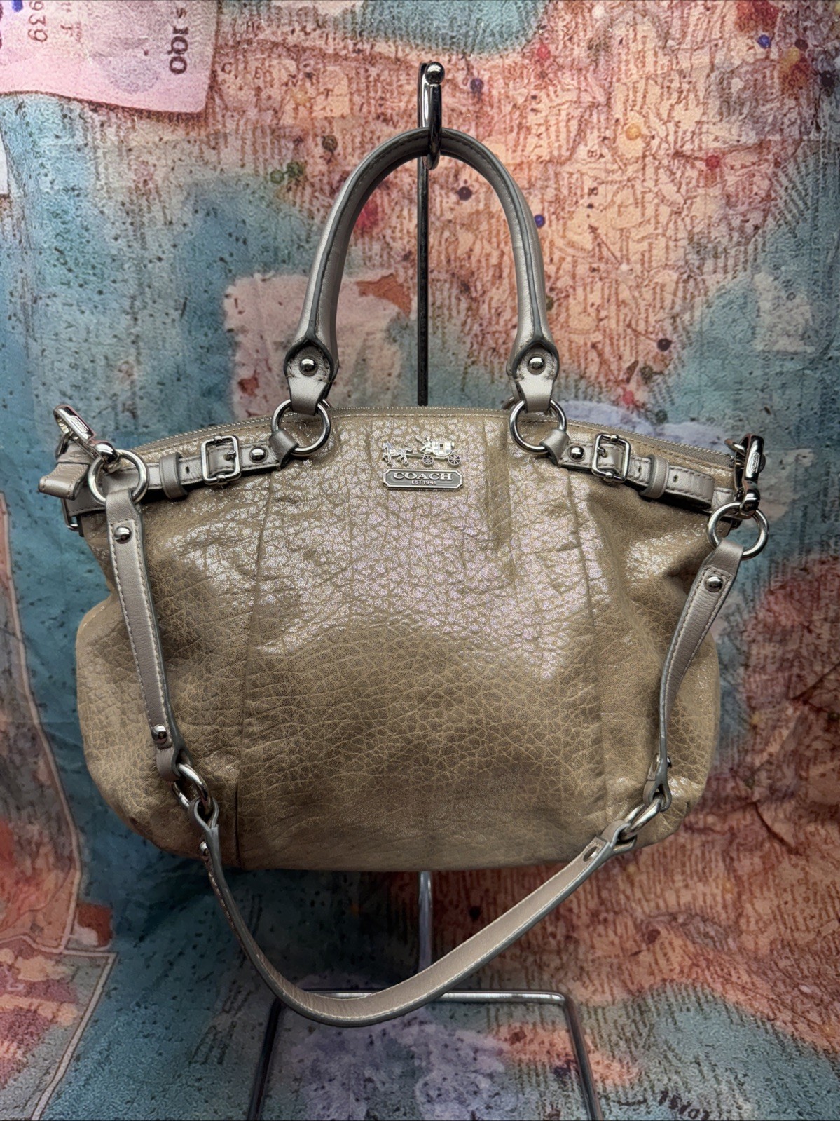 Coach 18931 Madison Sophia Gold Beige Embossed Metallic Leather Satchel Bag