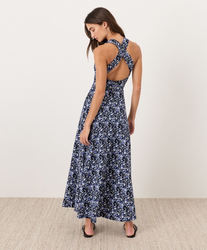 PACT Organic Fit & Flare Open Back Maxi Dress Paradise Petals Navy Blue