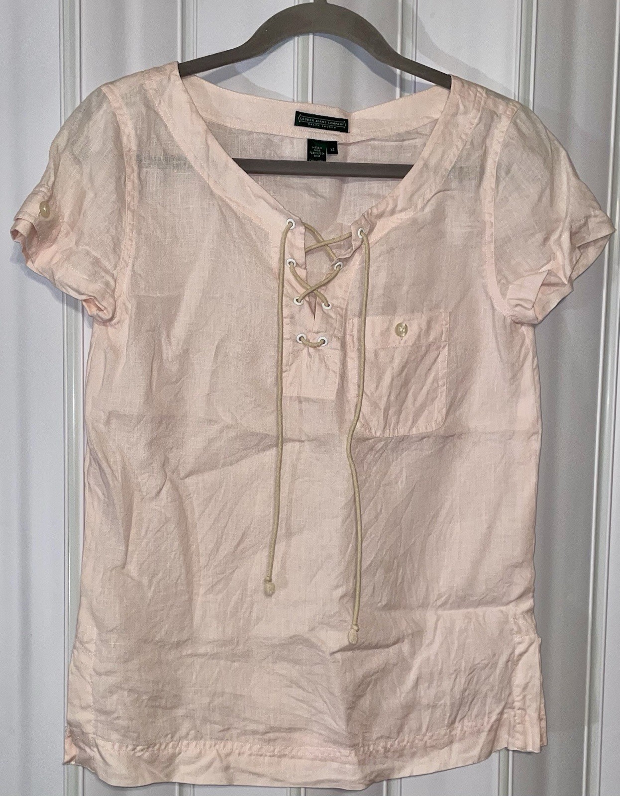 Ralph Lauren Jeans Co. Pink S/Sleeve All Linen Lace Up Tunic Shirt Top Womens•XS