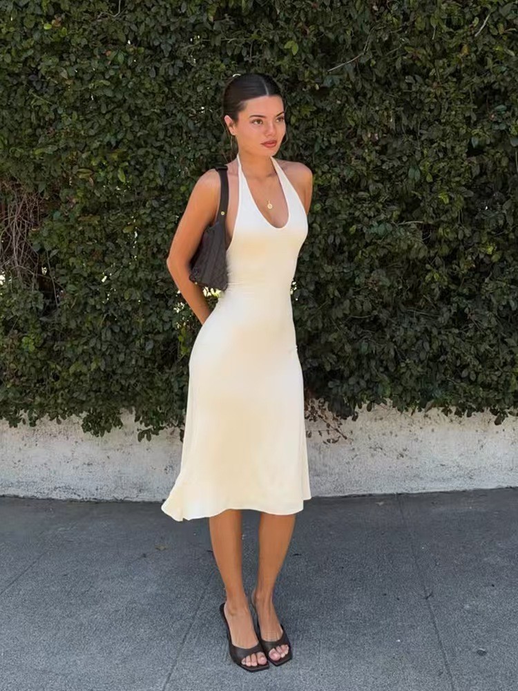 Y2K Elegant Halter Satin Midi Dress Women Deep U Neck Sleeveless Slim Bodycon