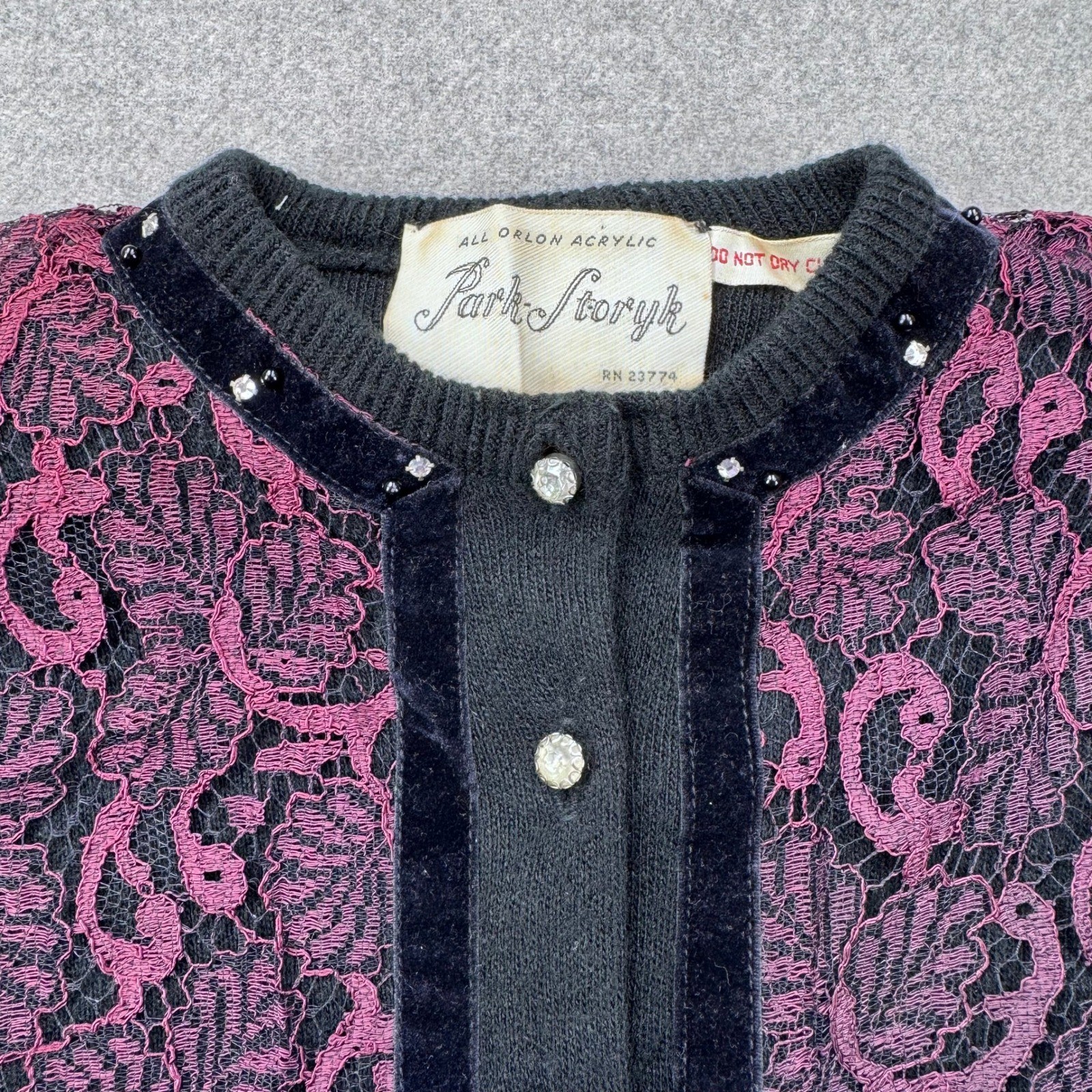 Vintage 50s Lace Overlay Rhinestone Cardigan Sweater Black Purple Orlon Fits XS