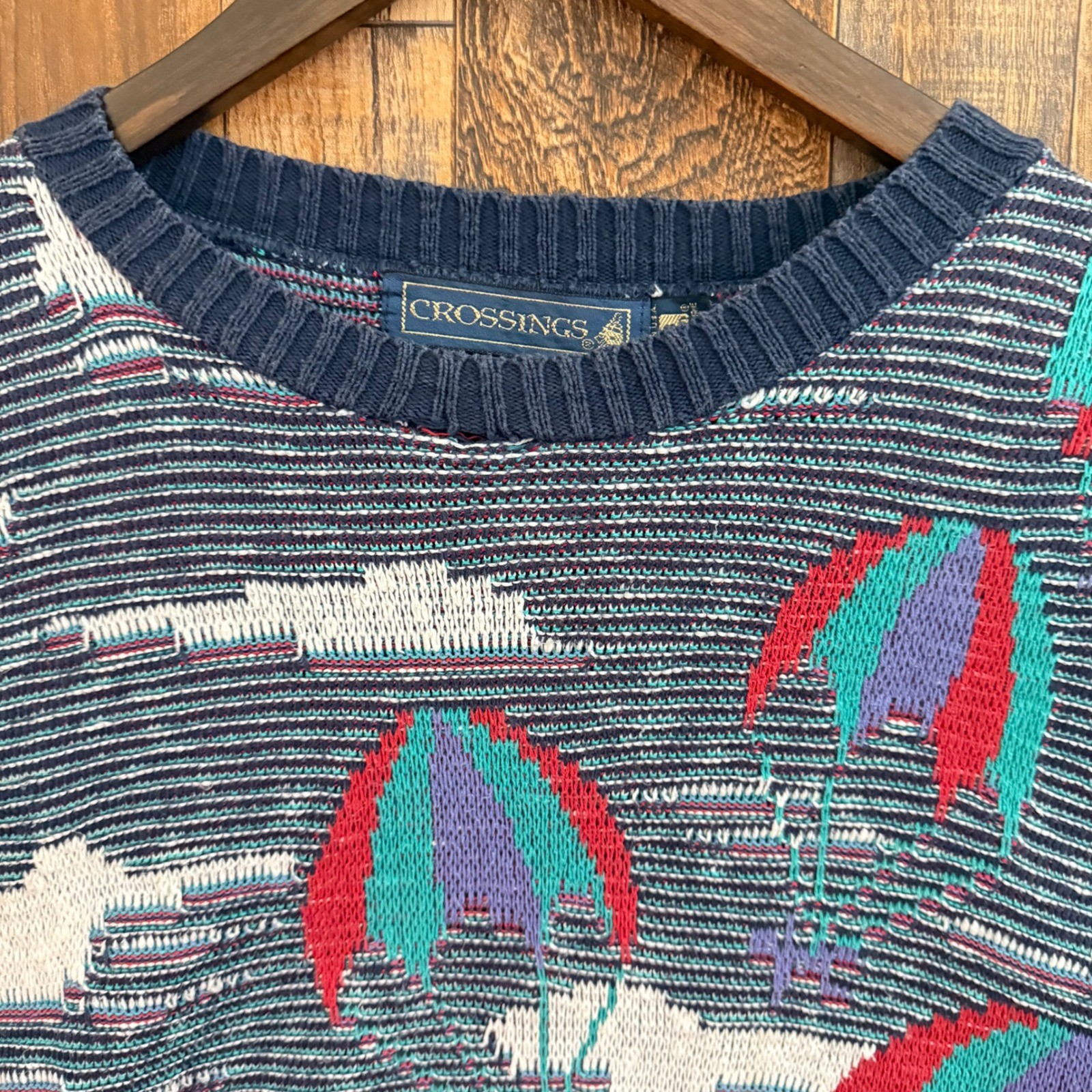 Vintage Crossings Mens Large Cotton Hot Air Balloon Cloud Knit Sweater Navy USA