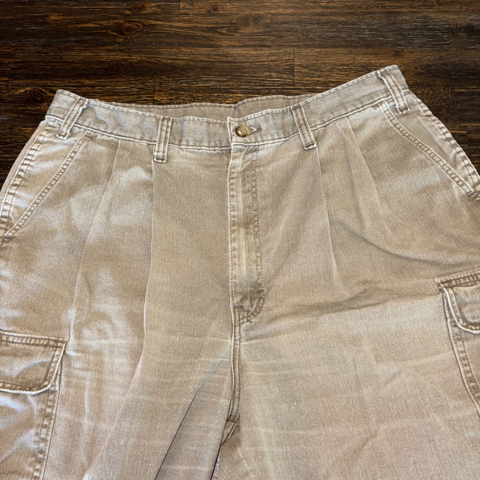 Vintage 80s Dickies Cargo Workwear Pants Double Pleated Talon Zipper Beige 34×30