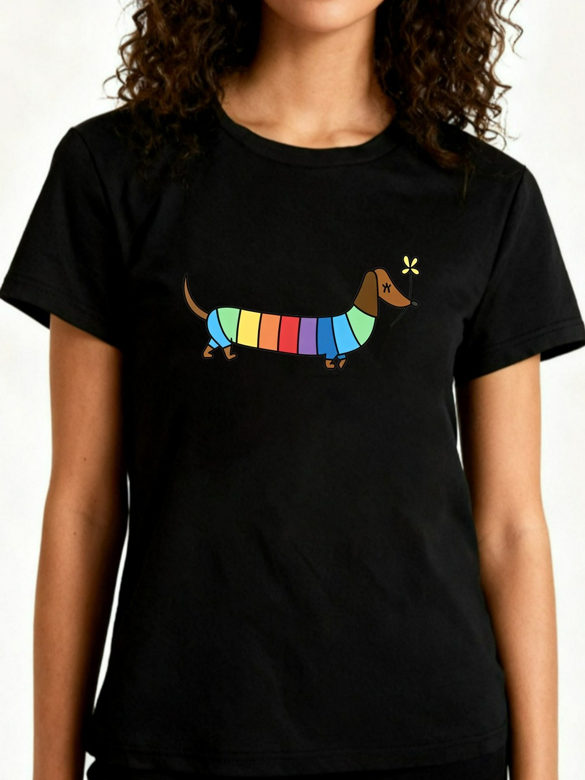 Rainbow Striped Dachshund Graphic Tee W Cute Playful Casual Daily Polyester Top