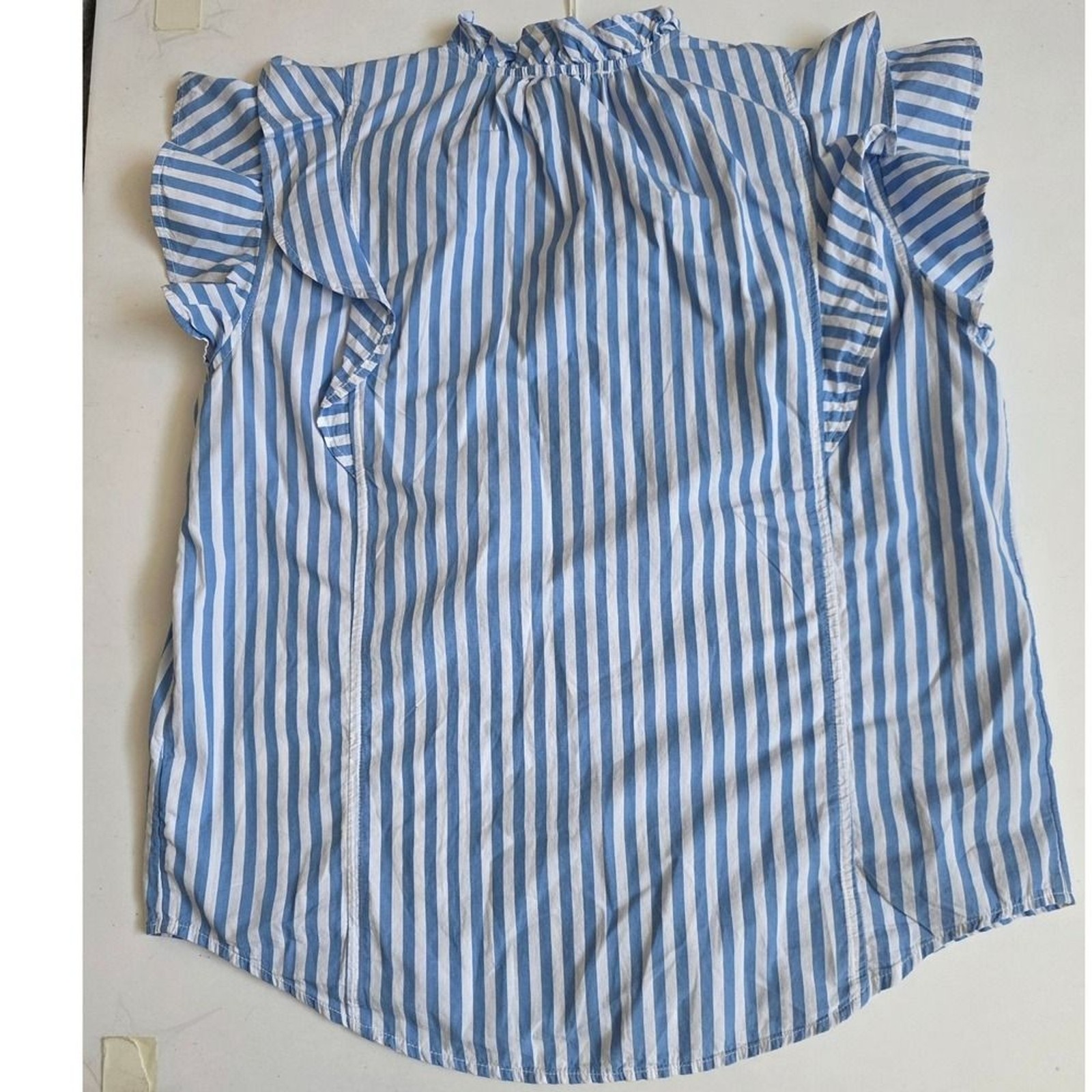Free Assembly Ruffle Stripe Top L Blue White Sleeveless Cotton Coastal Preppy
