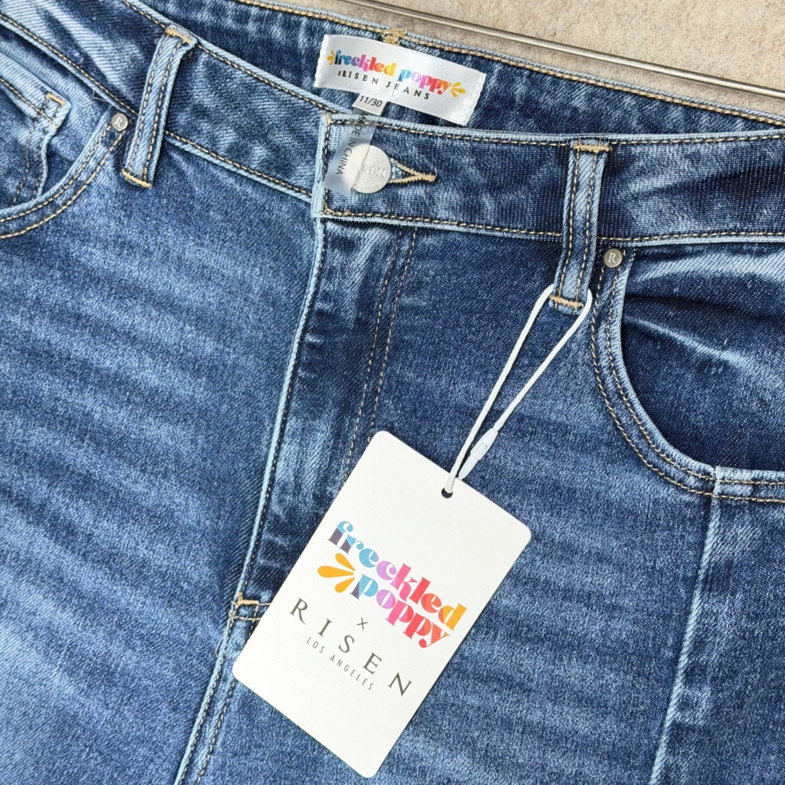 Freckled Poppy x Risen Los Angeles Wide Leg Jeans Medium Wash Sz 11 / 30 Boho