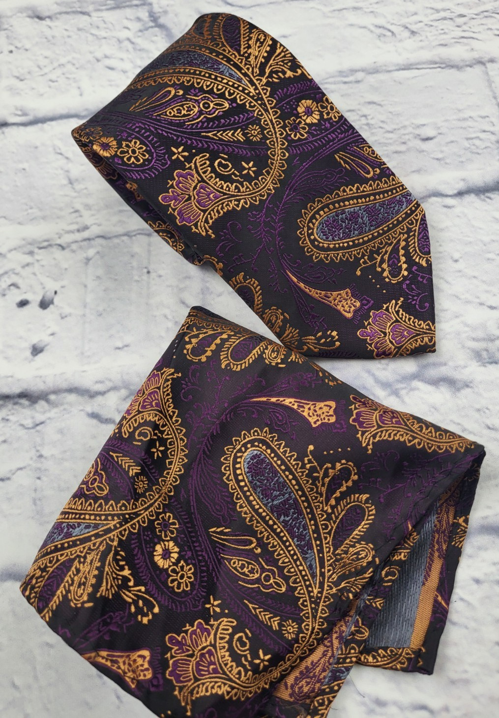 Barry Wang Silk Tie Pocket Square Black Purple Floral Paisley Necktie 58 x 3.25