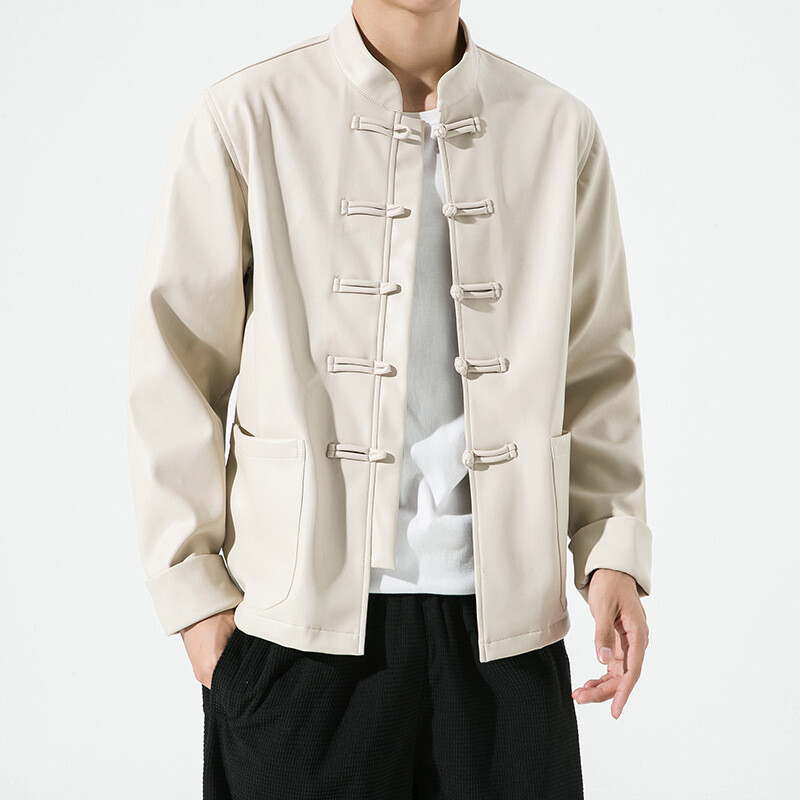 Men Tang Suit Chinese Style Synthetic Pu Leather Jacket China Chic Button Jacket