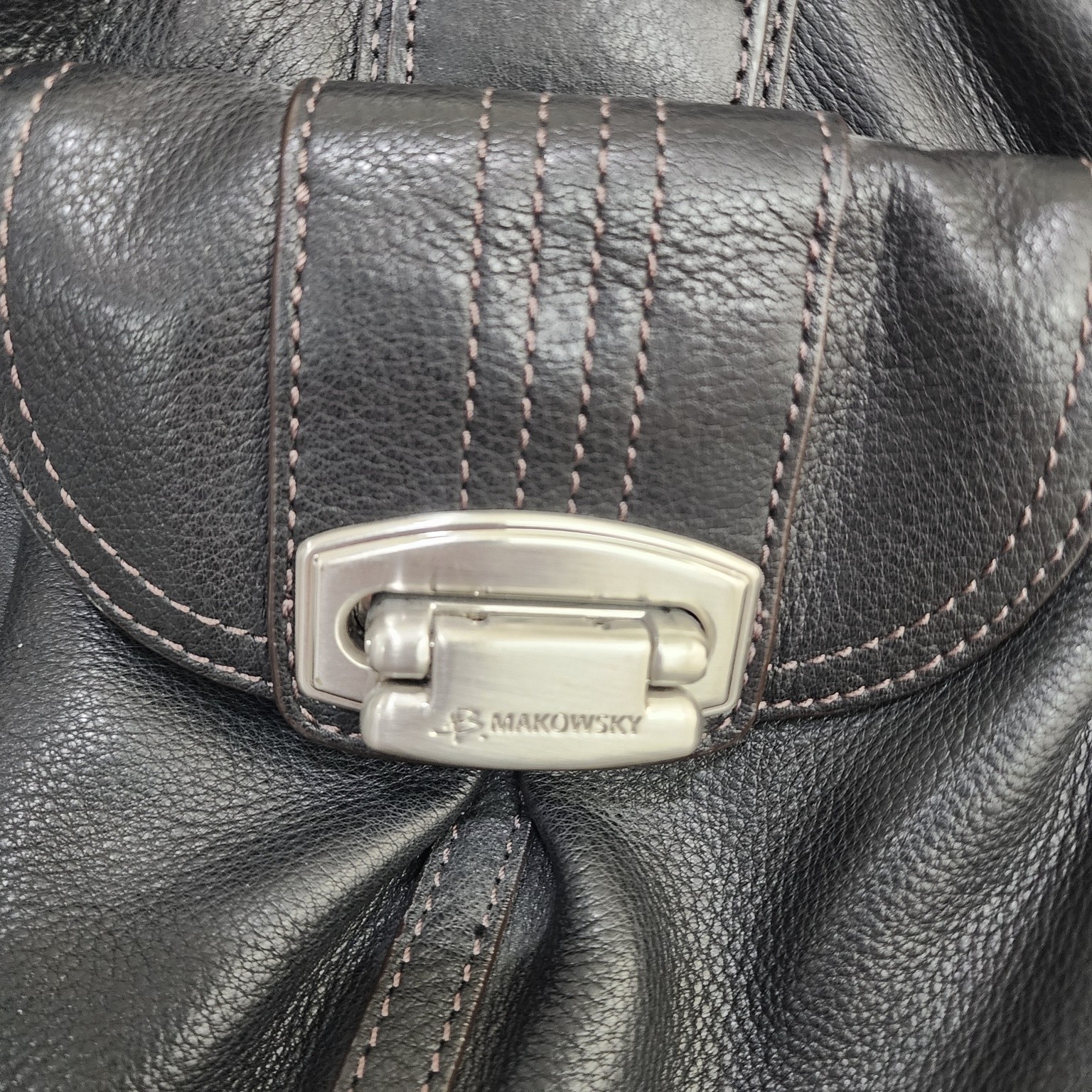 B. Makowsky Satchel Handbag Womens Black Leather Zip Pocket Silver Hardware