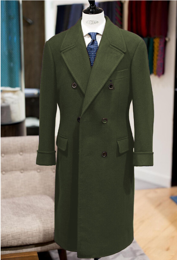 Wool Men’s Long Overcoat Double Breasted Peak Lapel Formal Business Outdoor Coat