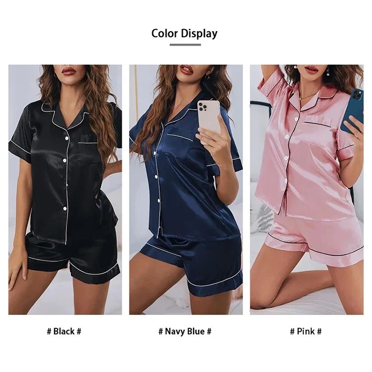 Womens Silk Satin Pajama Set 2 Piece Button Down Top Shorts Sleepwear Loungewear