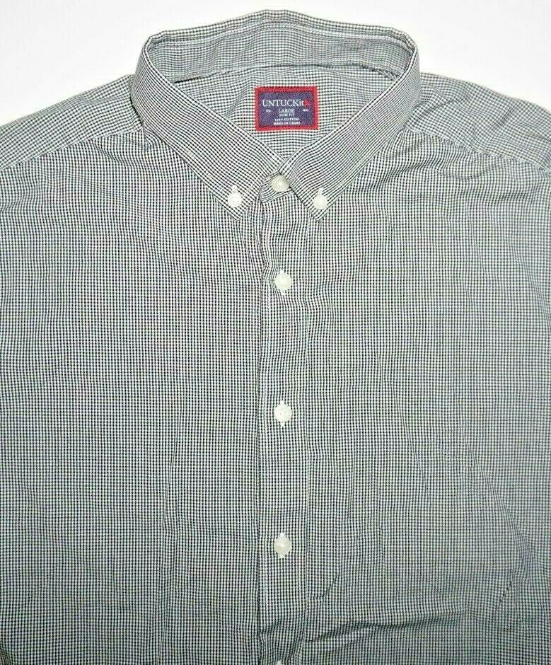 UNTUCKit Augustus Sz LARGE Slim Fit Shirt 100% Cotton Black White Gingham Check