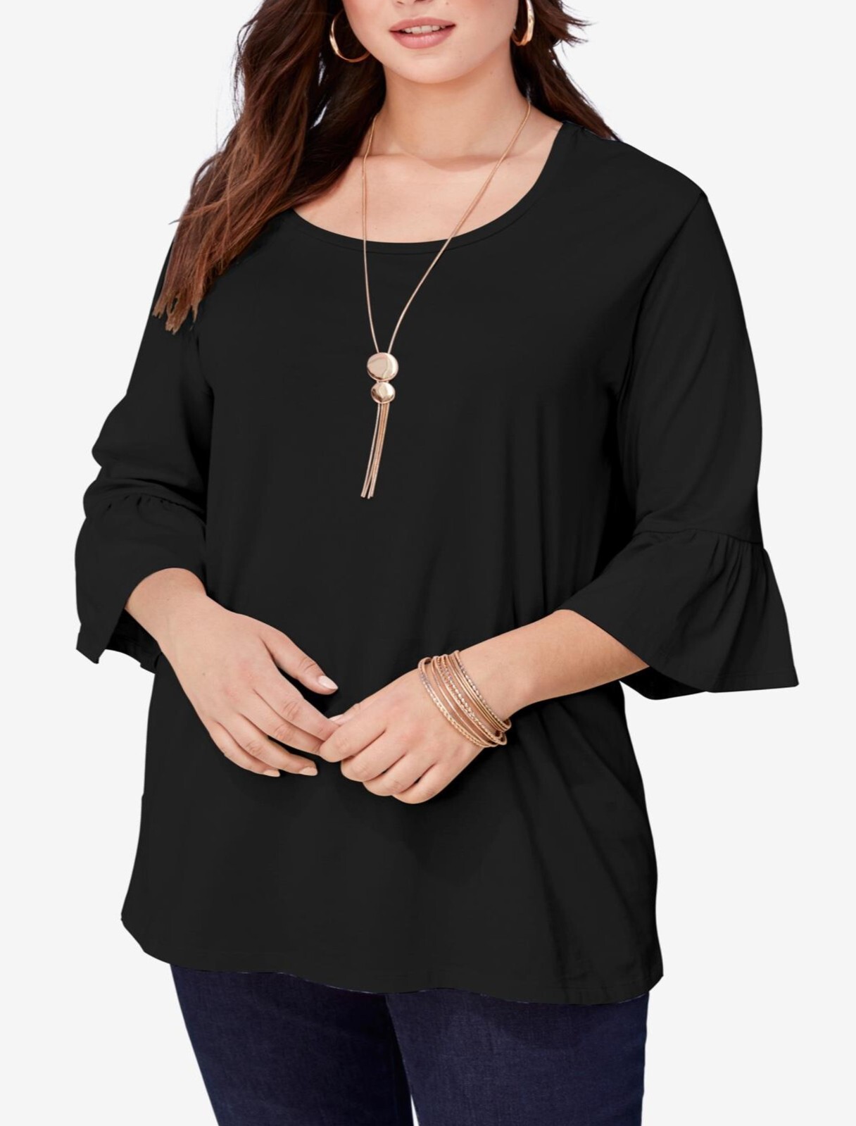 Women’s Plus Size 26/28 30/32 3X 4X 5X COTTON Bell-Sleeve Ultimate Tee Top BLACK