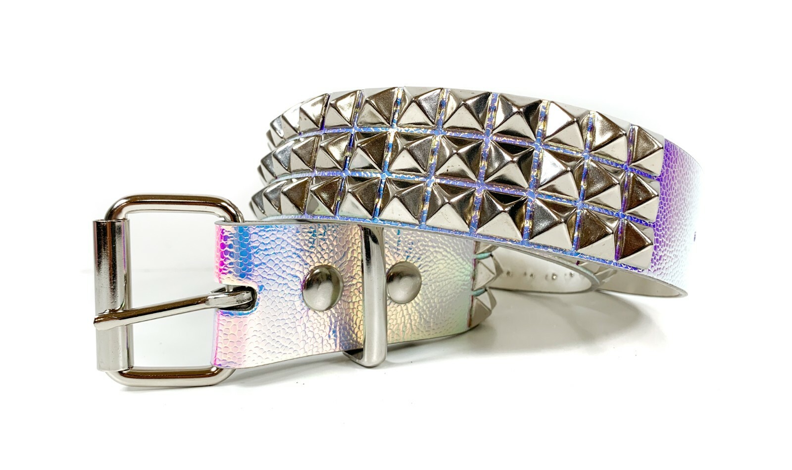 Rainbow Blue Three Row Pyramid Stud Belt Genuine Punk Goth Metal Funk Plus