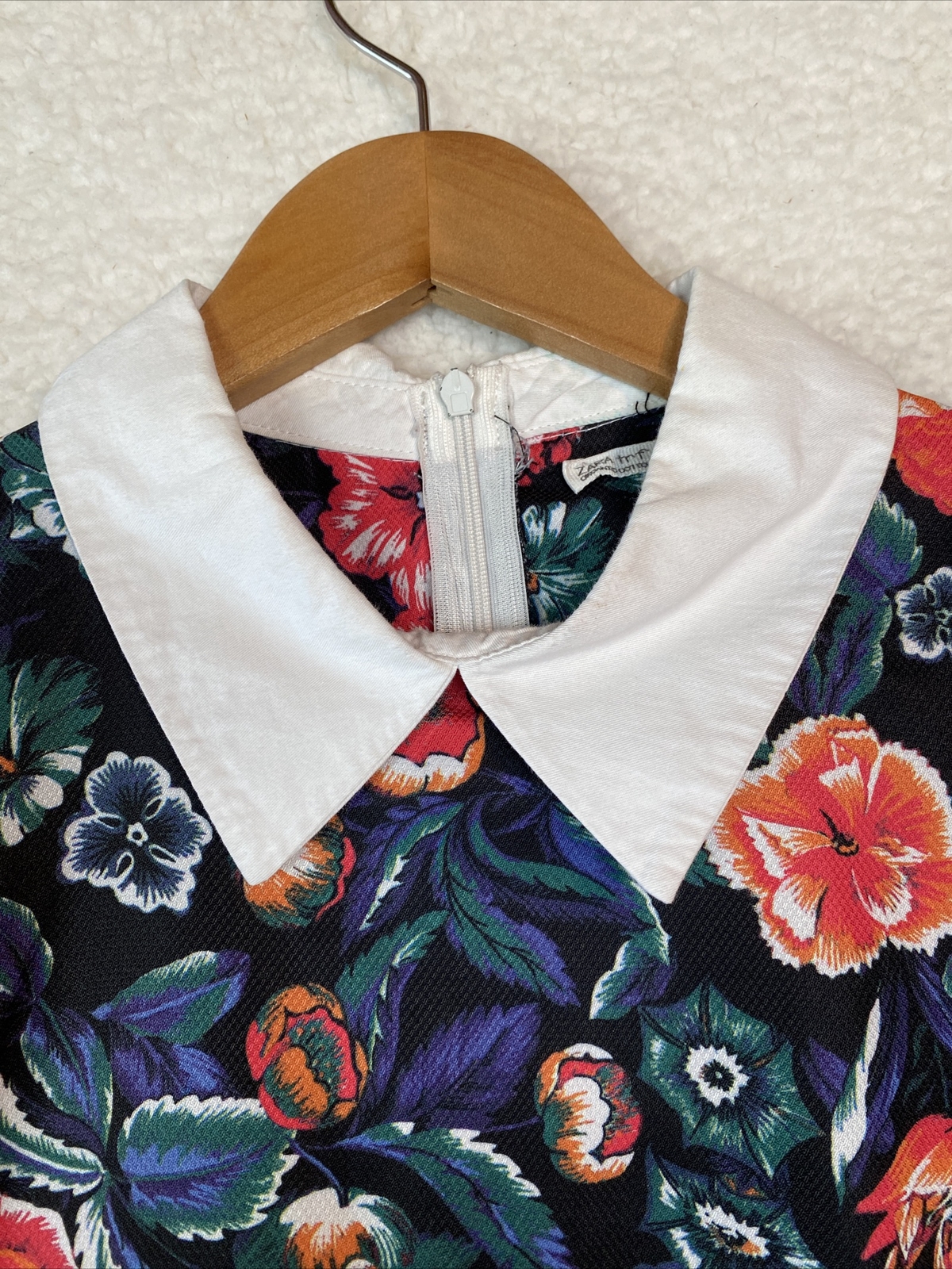 Zara Mini Dress Womens Small Aline Floral S/Sleeve Peter Pan Collar Work Office