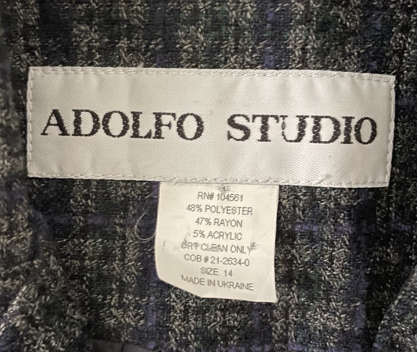 Vtg Adolfo Studio Women’s 2 Piece Tweed Skirt Suit Gray Blue Blazer Work Size 14