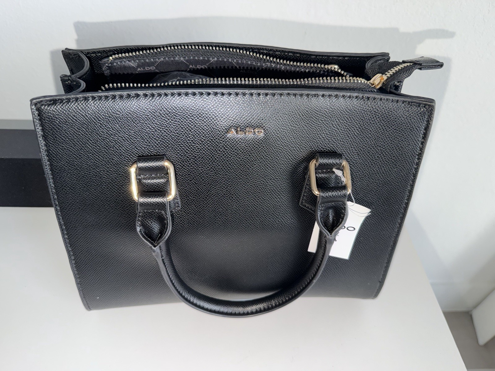 NWT ALDO Black Satchel Crossbody Shoulder Handbag Gold Hardware Zip Top