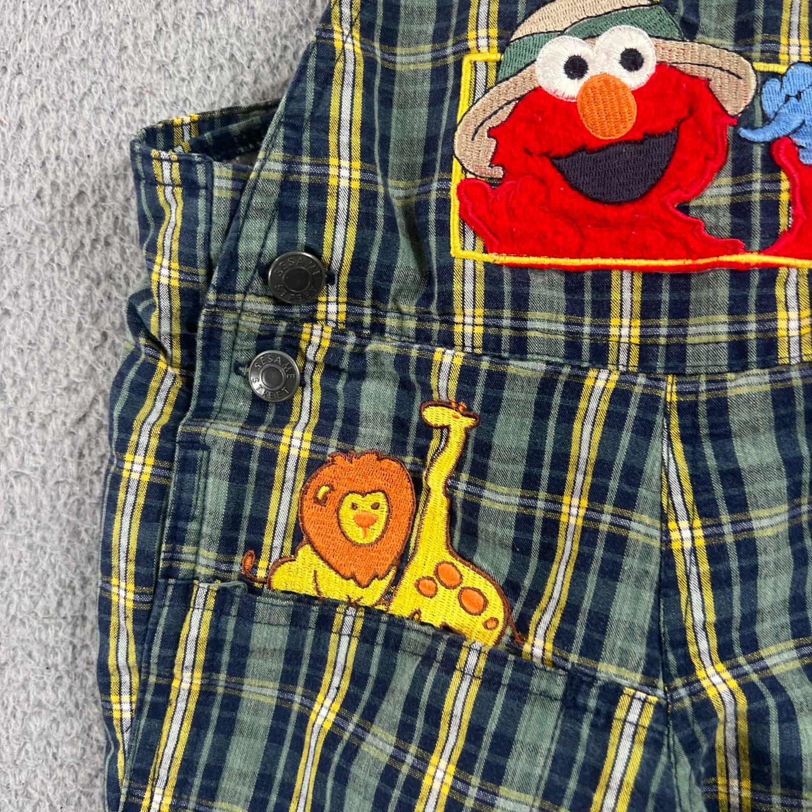 Sesame Street Safari Elmo Plaid Shortall Overalls Kids 24M Vtg Retro Green