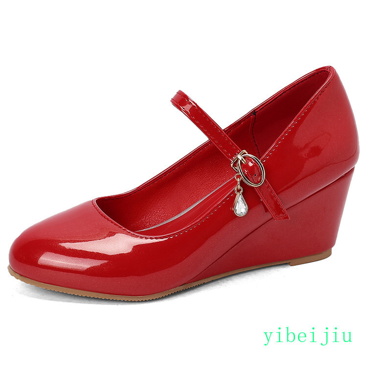 Women’s Mid Wedge Heels Mary Jane Shiny Leather Dress Wedding Shoes Rhinestone