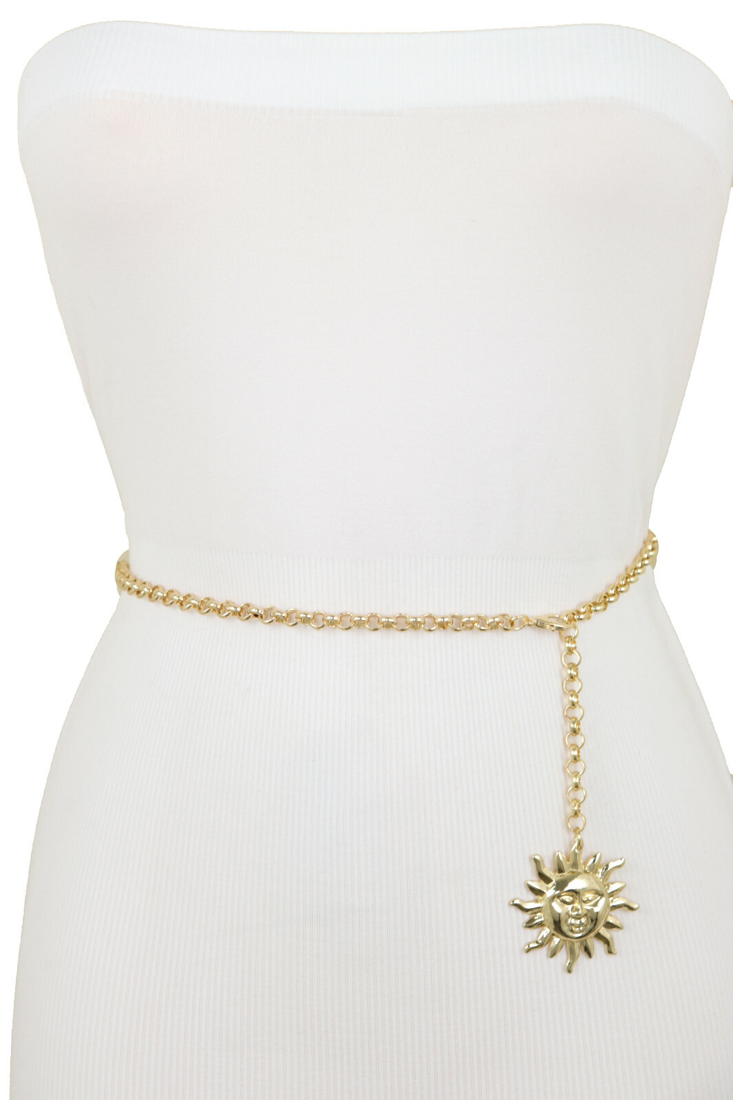 Women Gold Color Metal Chain Links Narrow Belt Adorable Style Sun Charm XS S M