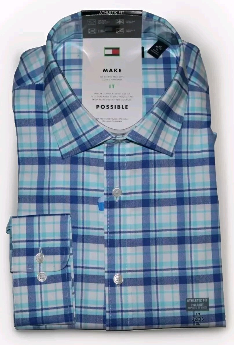 Tommy Hilfiger Mens THFLEX Sky Plaid Athletic Fit Stretch Button Up Shirt XL NWT