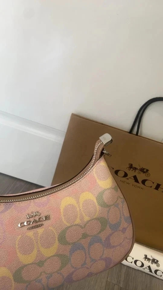 COACH Teri Shoulder Bag In Rainbow Signature Canvas & Leather CDA91 Silver/Sand