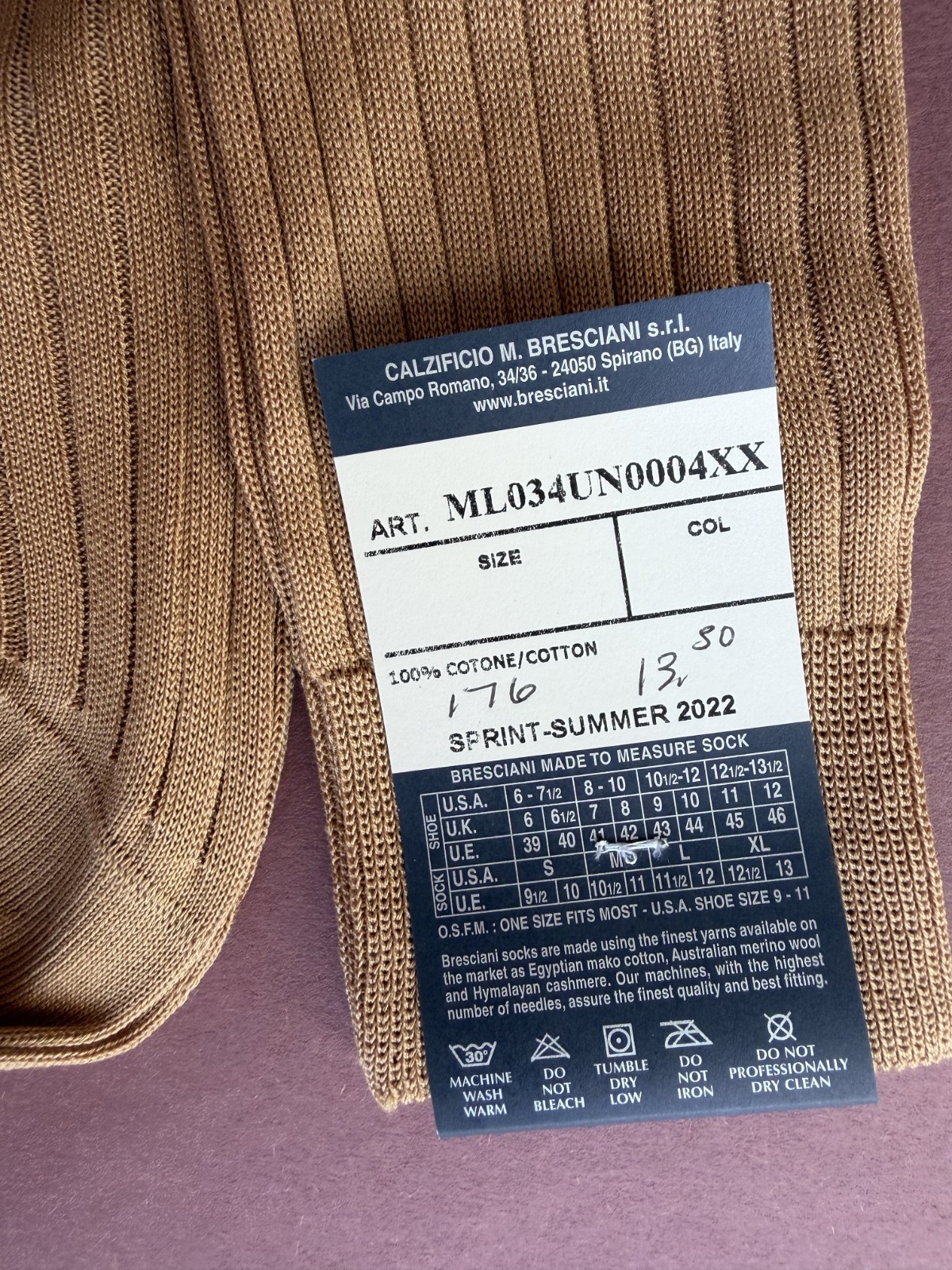 Spring/Summer 2022 Men’s Bresciani Socks NWT Cotton Tan Ribbed Solid