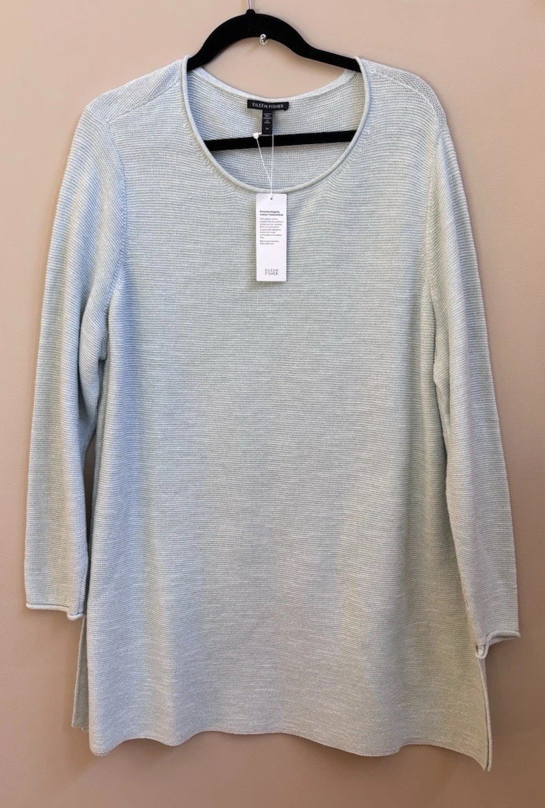 NWT Eileen Fisher Absinthe Light Green Peruvian Cotton Jewel Nk Tunic Sweater 2X