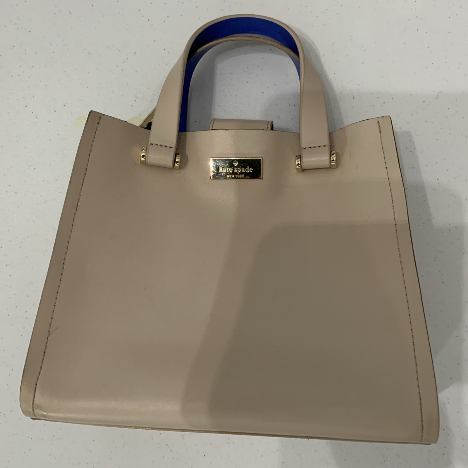 Kate Spade New York Beige Blue Accent Medium Satchel Zip Top No shoulder Strap