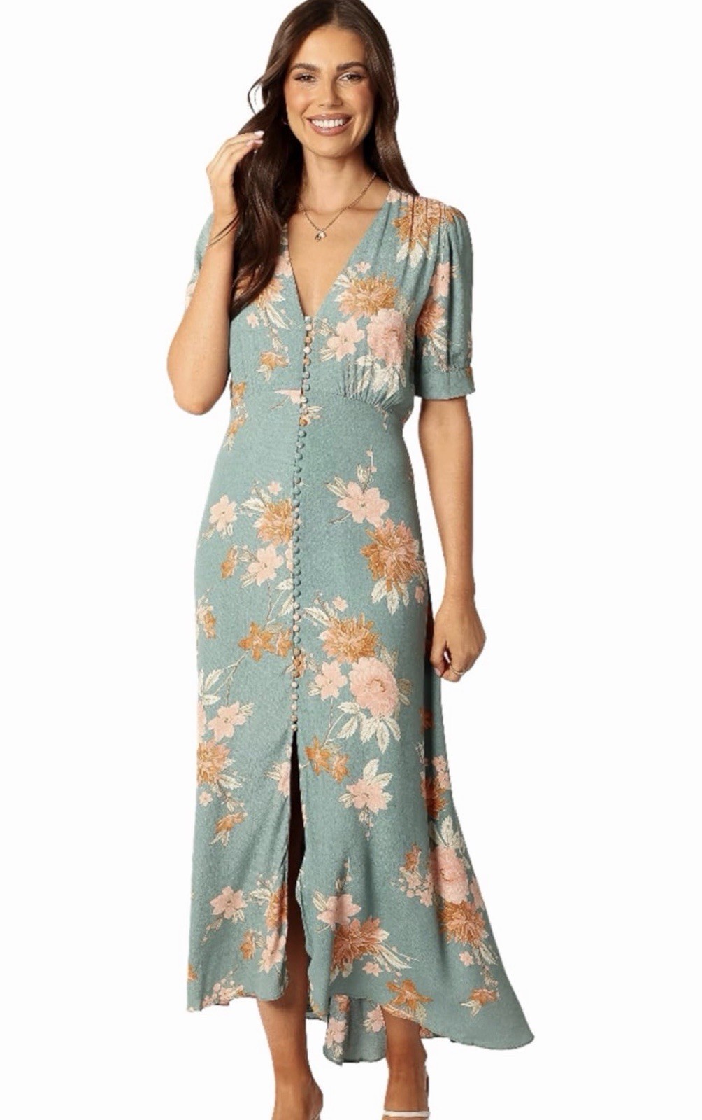Petal & Pup Frampton Midi Dress M Blue Floral V-Neck Short Sleeve Button Front