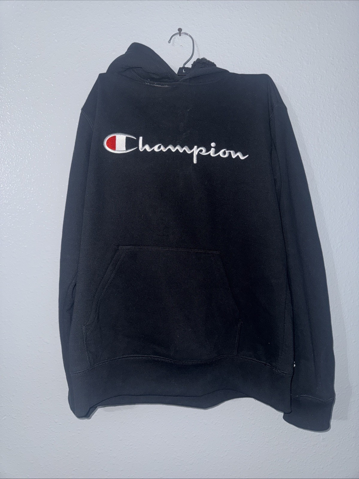 Champion Hoodie Boys Youth Large Black Sweatshirt Pullover Spell Out Logo