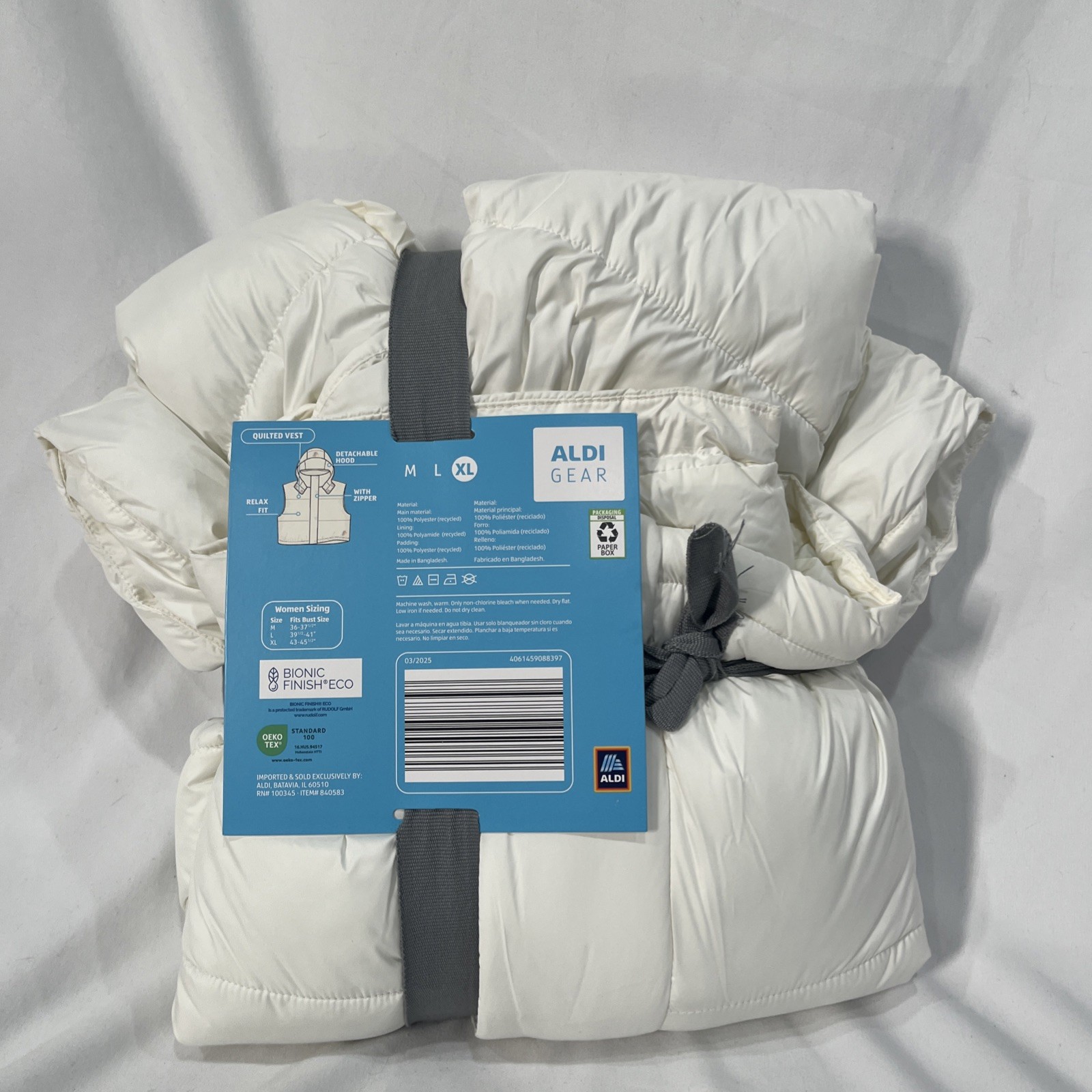 XL Aldi Gear Quilted Zip Vest White Logo On Detachable Hood Relax Fit
