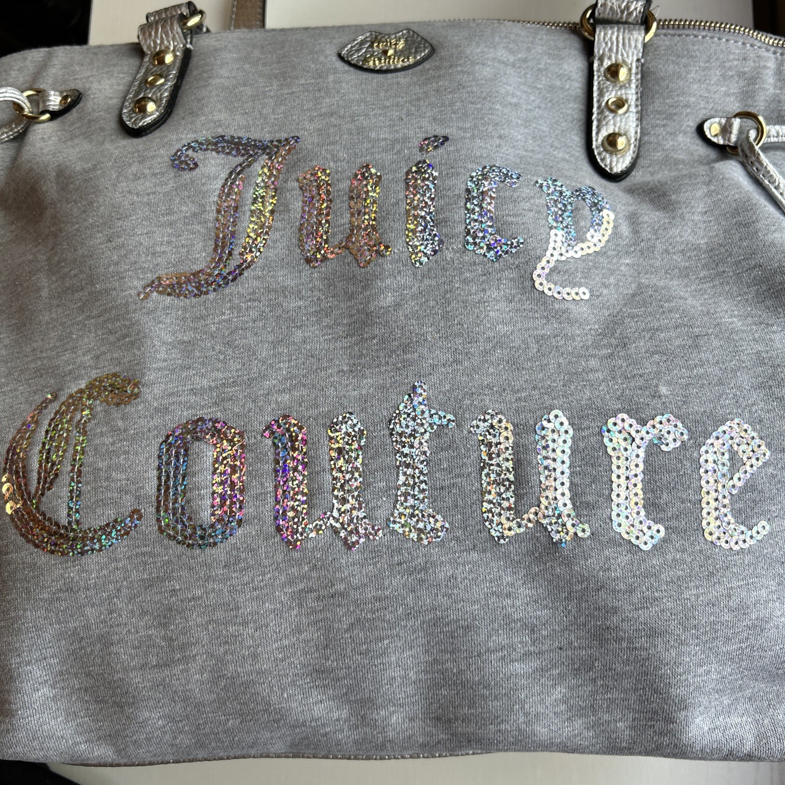 Vintage Juicy Couture Gray Silver Iridescent Sequin Logo Jersey Zip Tote NWOT