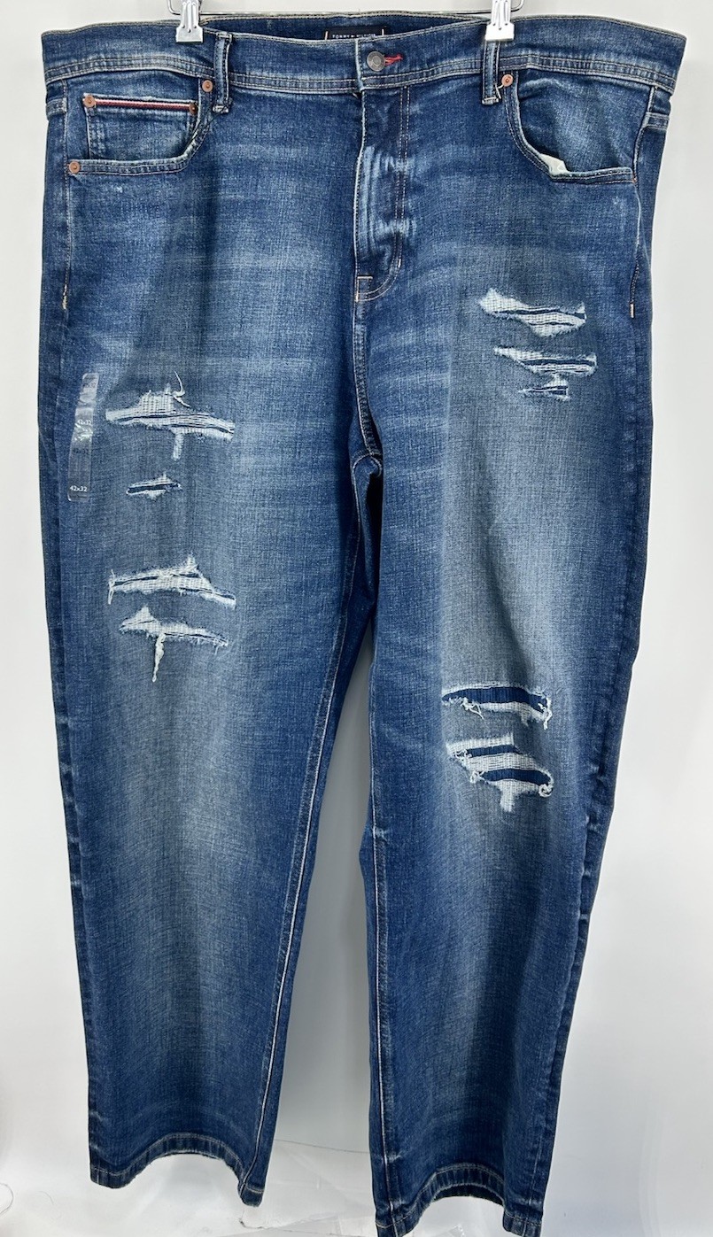 Tommy Hilfiger THFLEX Loose Comfort Stretch Distressed Blue Jeans 42×32 NWT