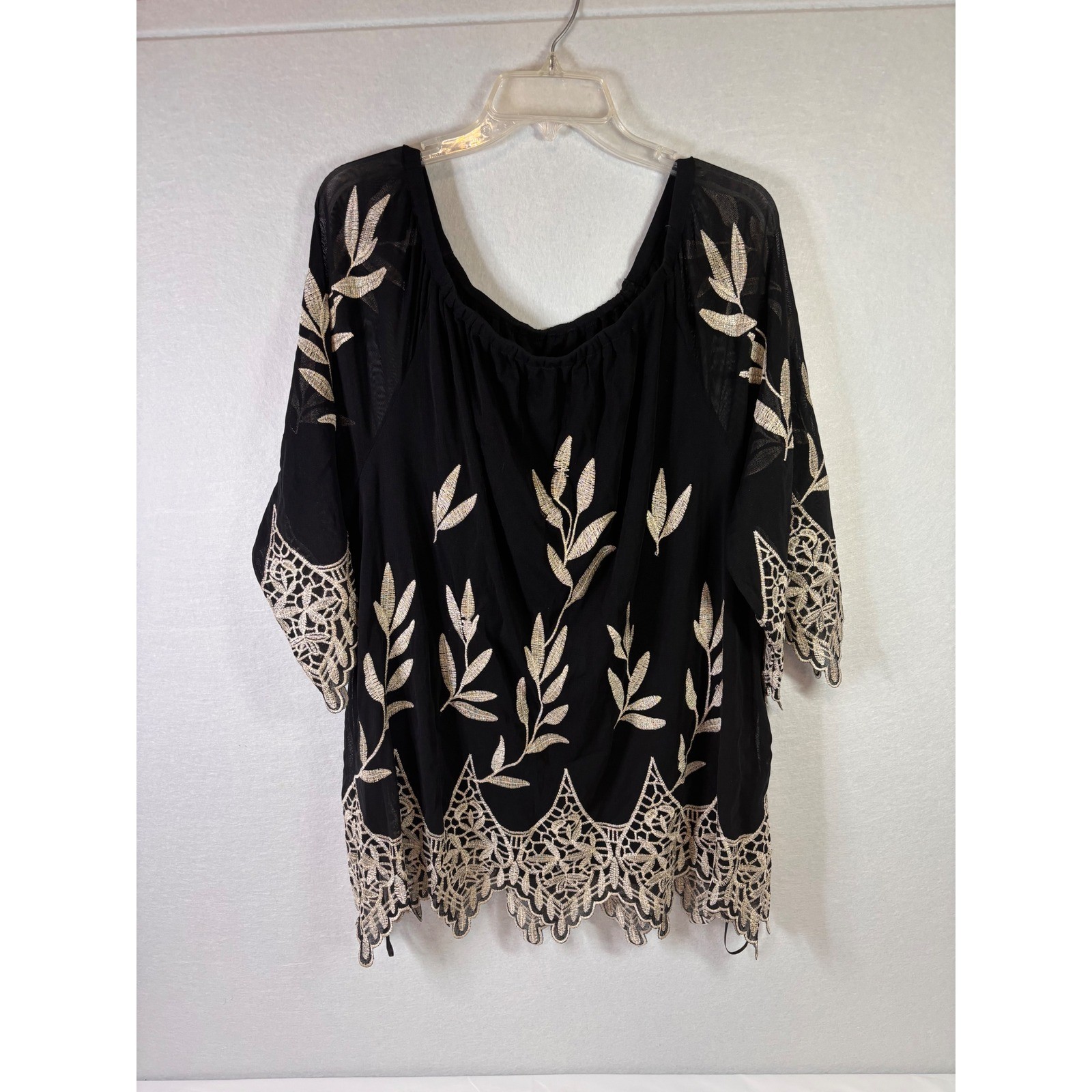 Alfani Womens XL Black Gold Metallic Leaf Embroidered Lace Hem Blouse Top