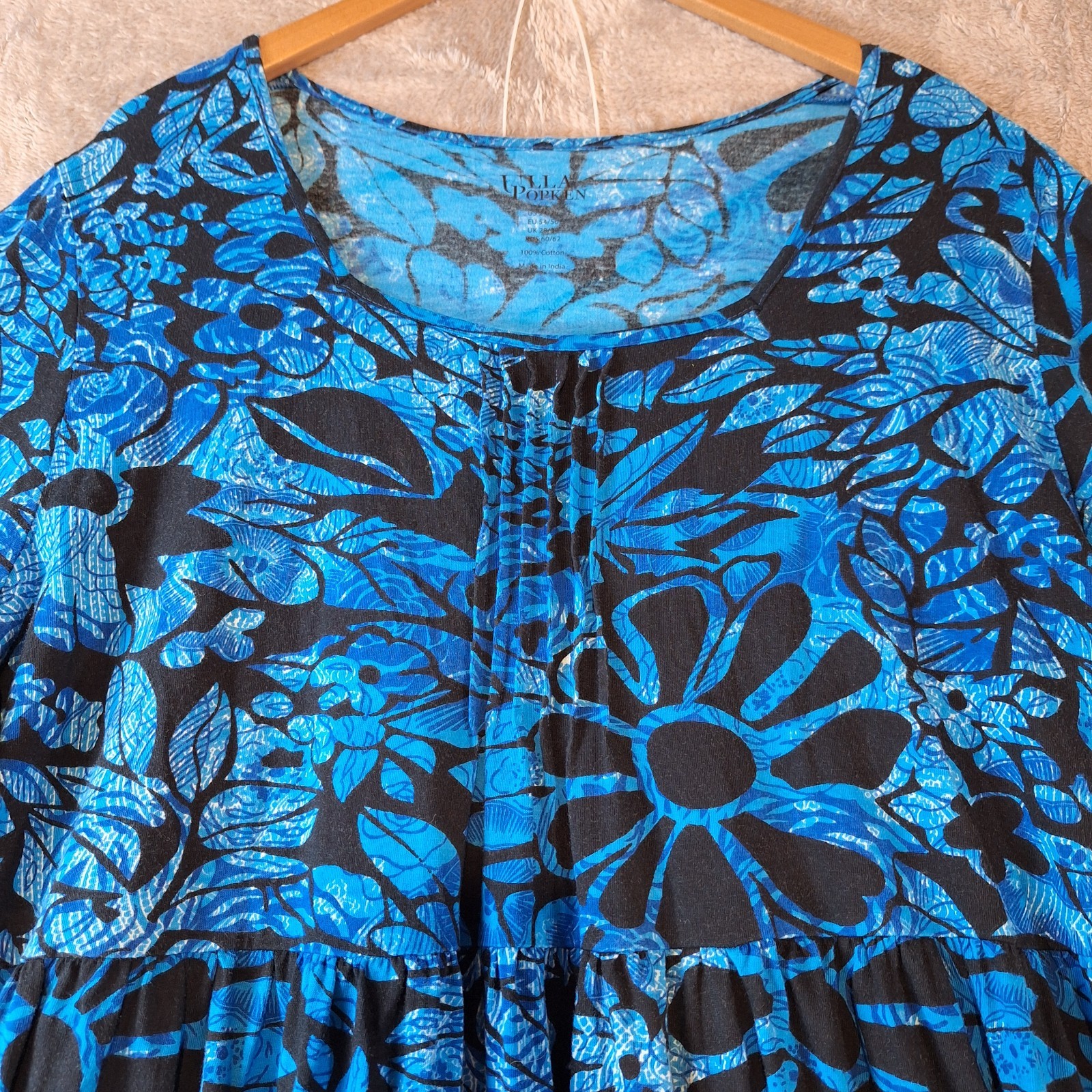 Ulla Popken Knit Dress Womens 24 26 Blue 3/4 Sleeve Floral Cotton Midi House