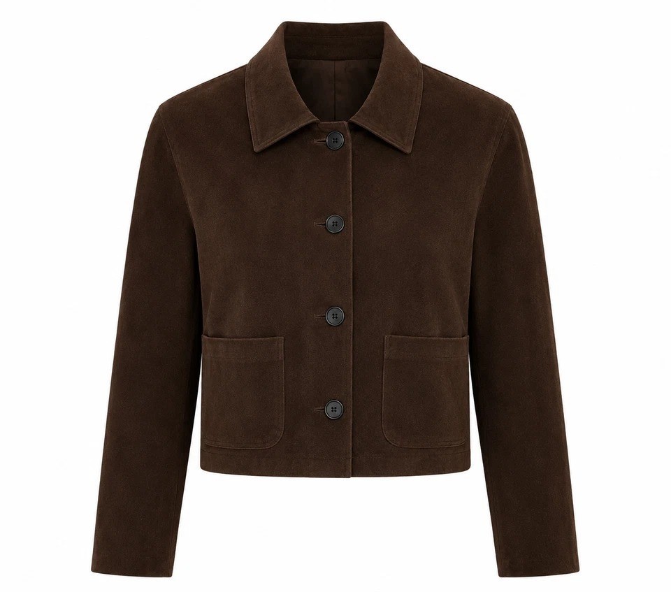 Women’s Tan Suede Leather Cropped Jacket Casual Button Front Fashion Coat