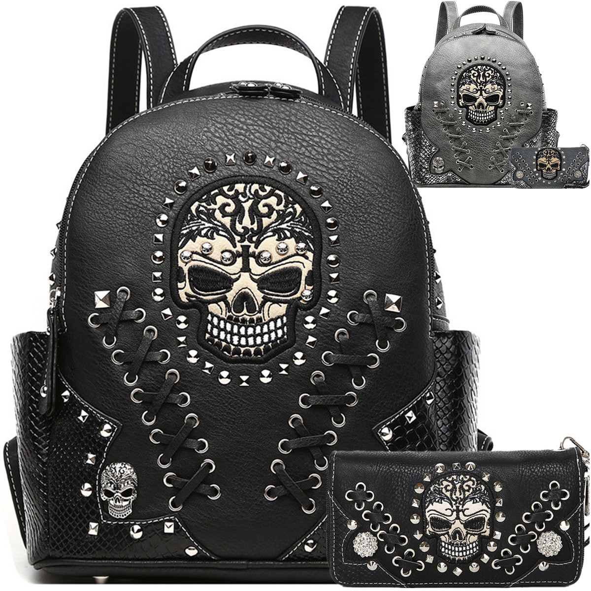 Sugar Skull Punk Art Rivet Studded Biker Purse Women Python Backpack Wallet Set