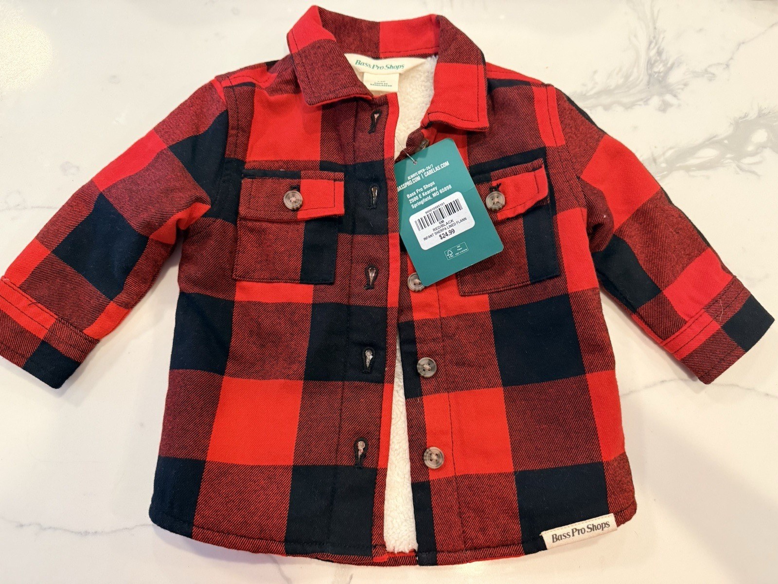 Bass Pro Shops Sherpa Lined Plaid Button-Up Jacket Red/Black, 3-6M