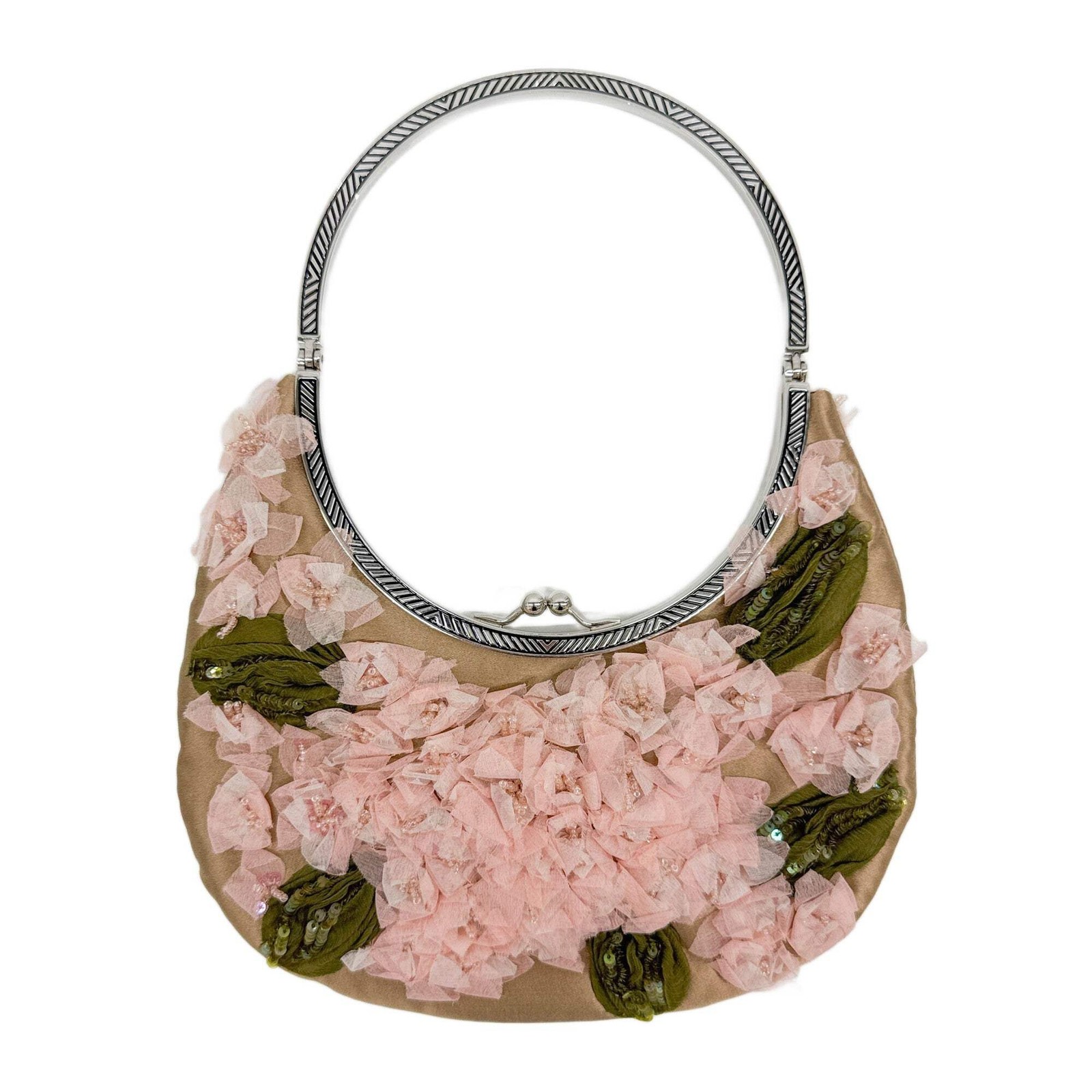 VALENTINO GARAVANI Floral Embroidered Pink Satin Hand Bag