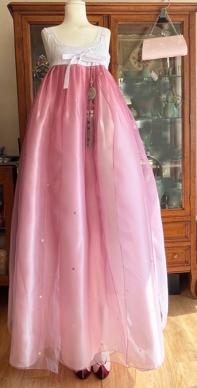 Korean Traditional Dress Hanbok Set- Ivory Top Pink Gallae Skirt / Petticoat Bag