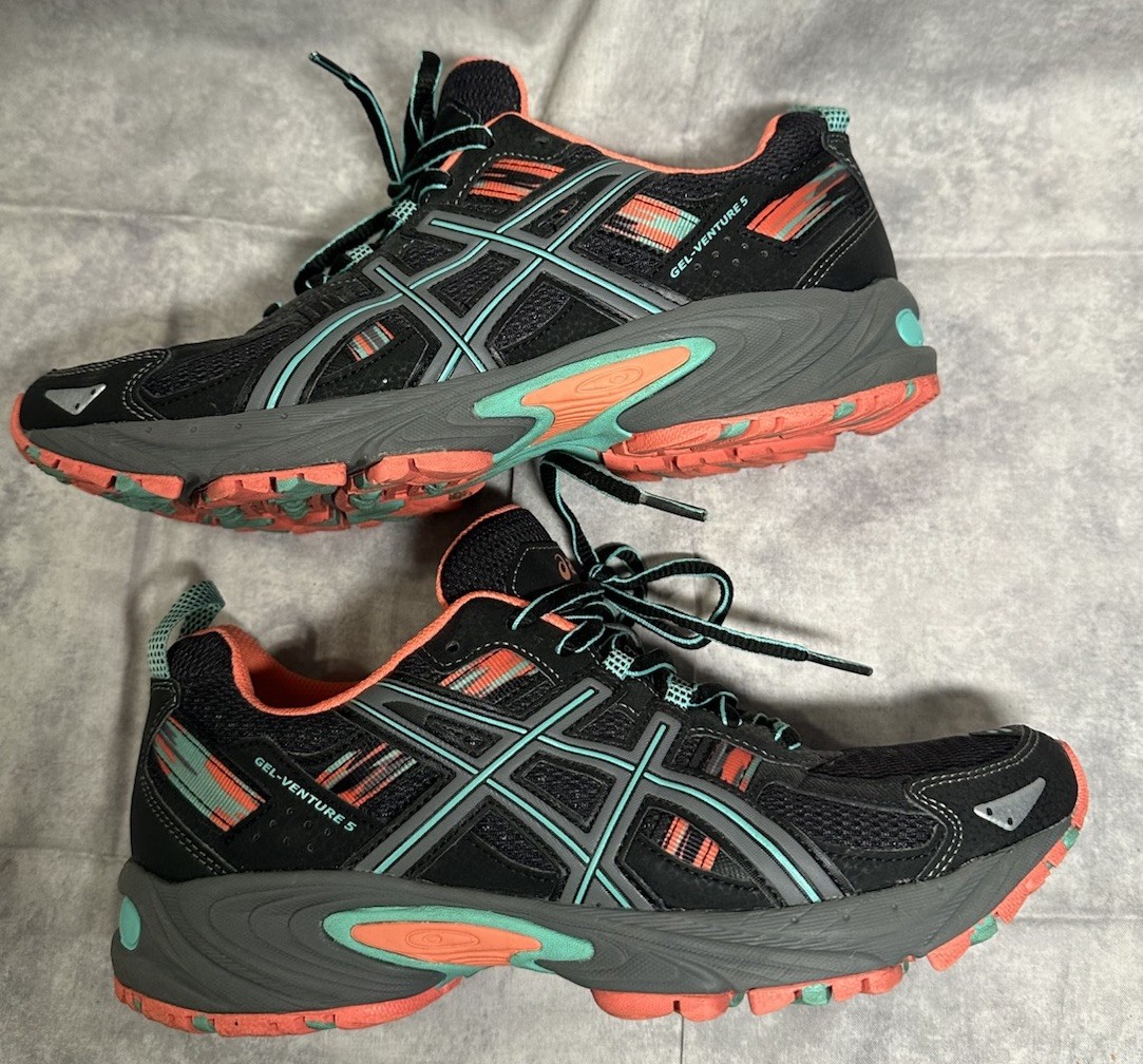 Asics Gel Venture 5 Black Mint Coral Trail Running Shoes T5N8N Women’s Sz 8.5