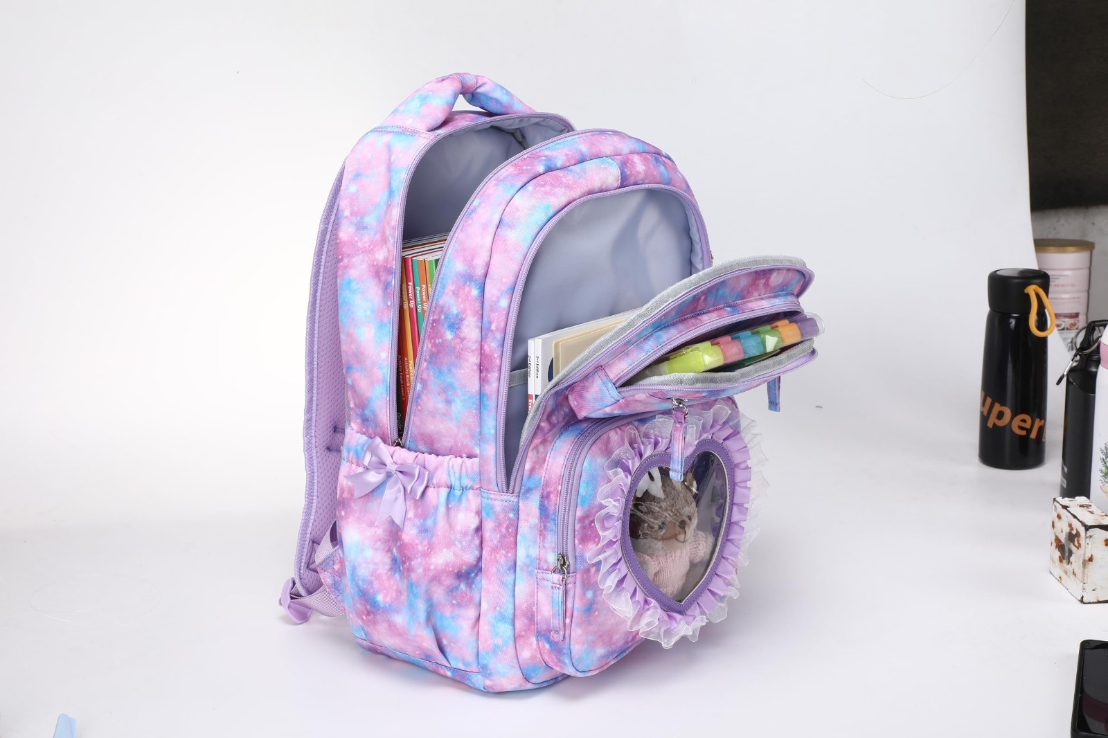 Cute Girls Backpack 17″ Lightweight Bookbag for Ages 6-12, Heart Pocket & Bowkno