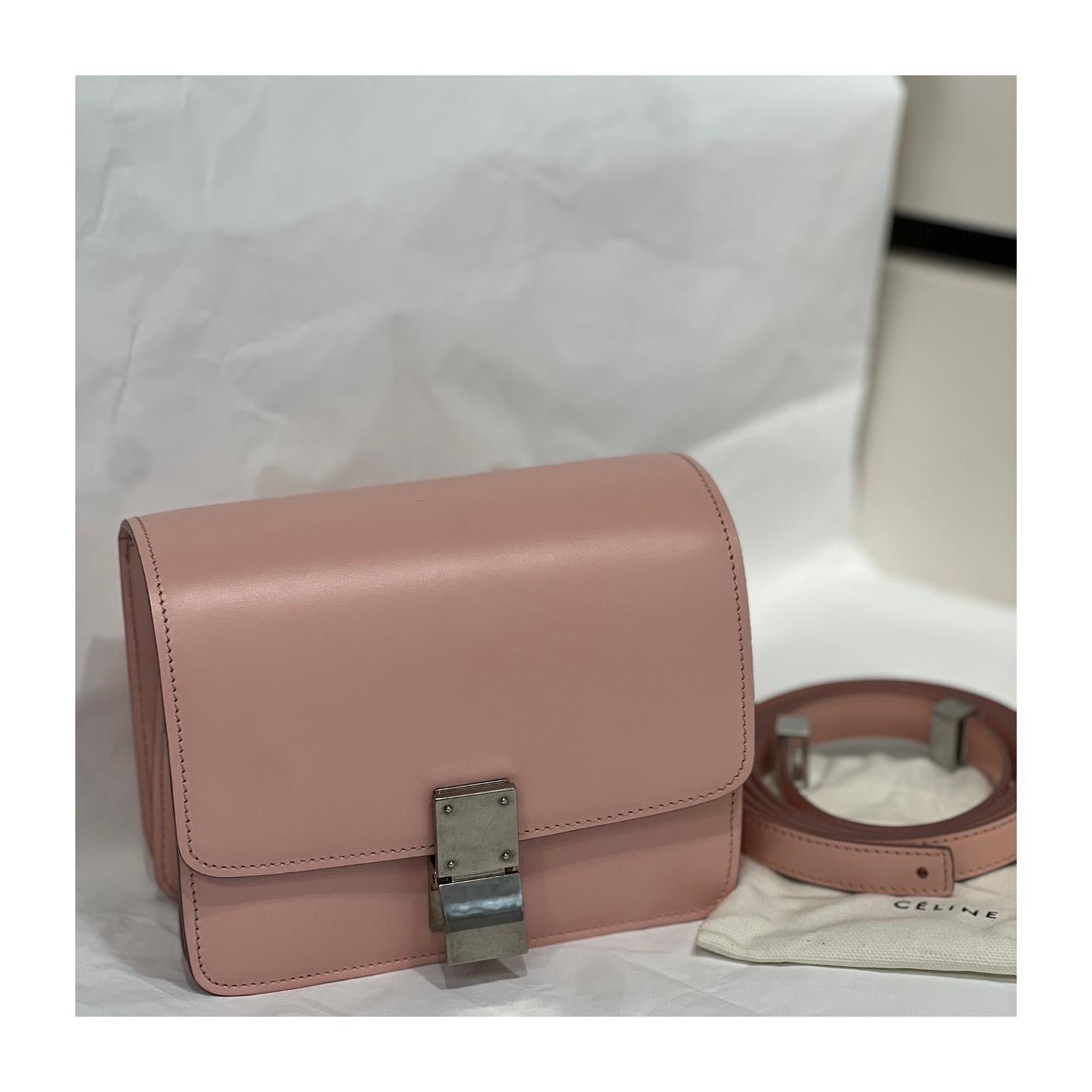 Authentic Celine Classic Box Mini Smooth Calfskin Shoulder Bag Pink Silver-Tone