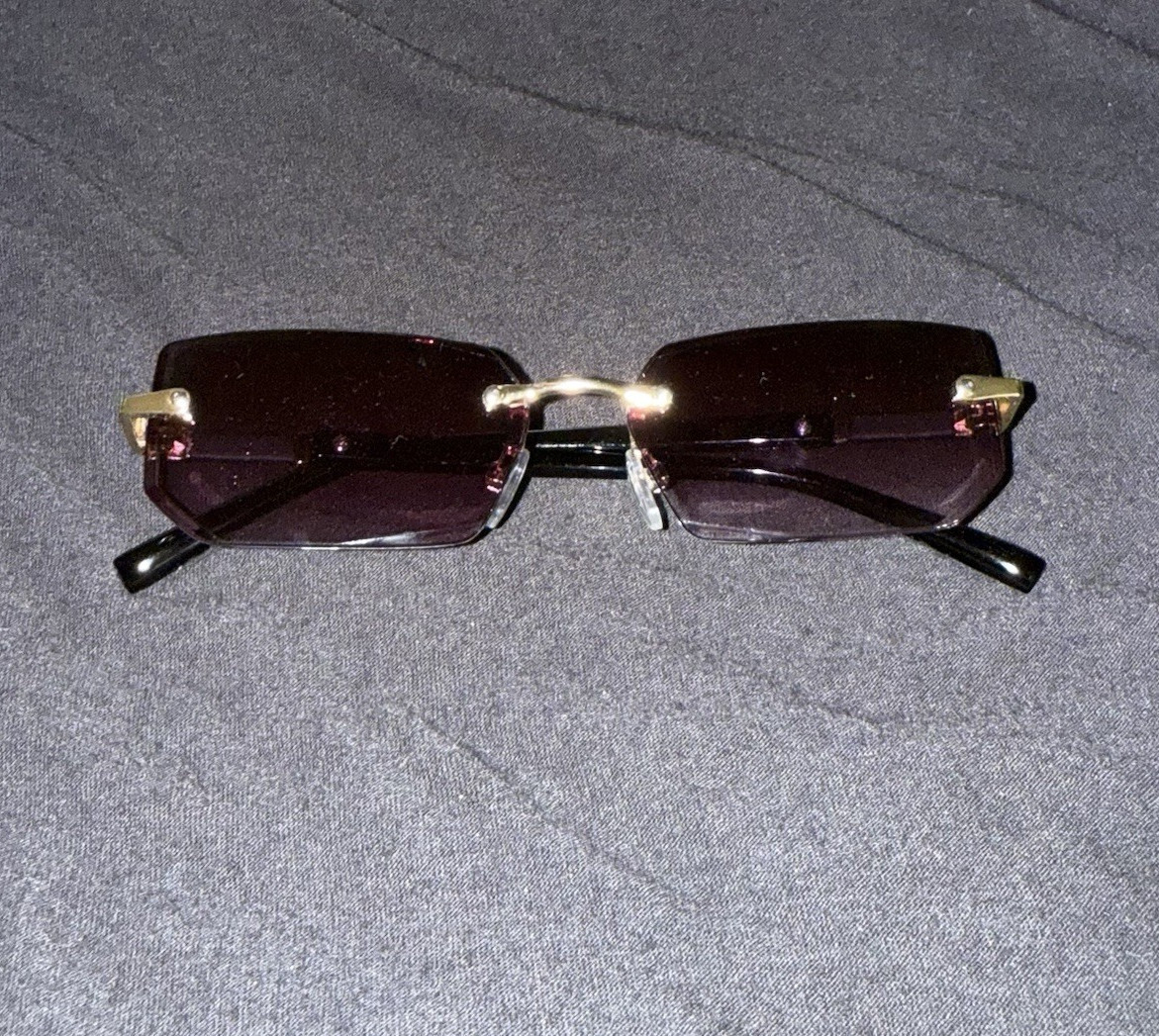 Rimless Rectangle Purple Tinted Lens Sunglasses Gold Frame Black Arms