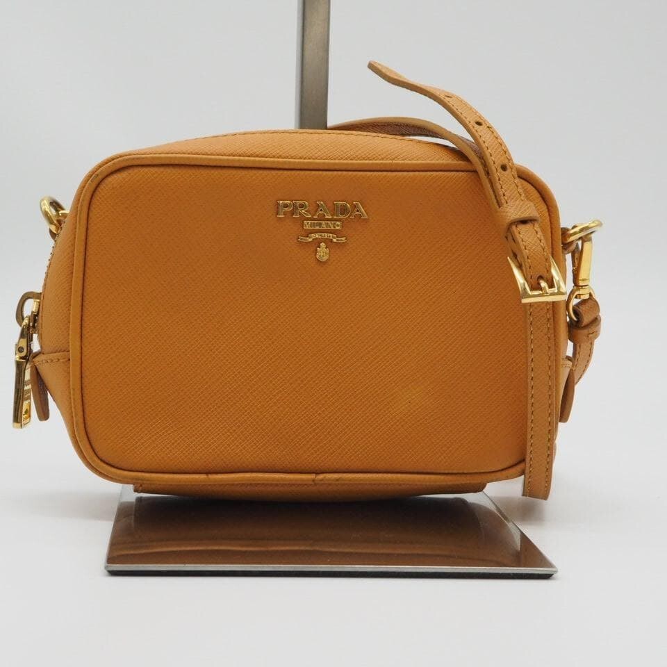 Prada Saffiano Leather Camel Camera Bag Crossbody Gold Hardware Auth